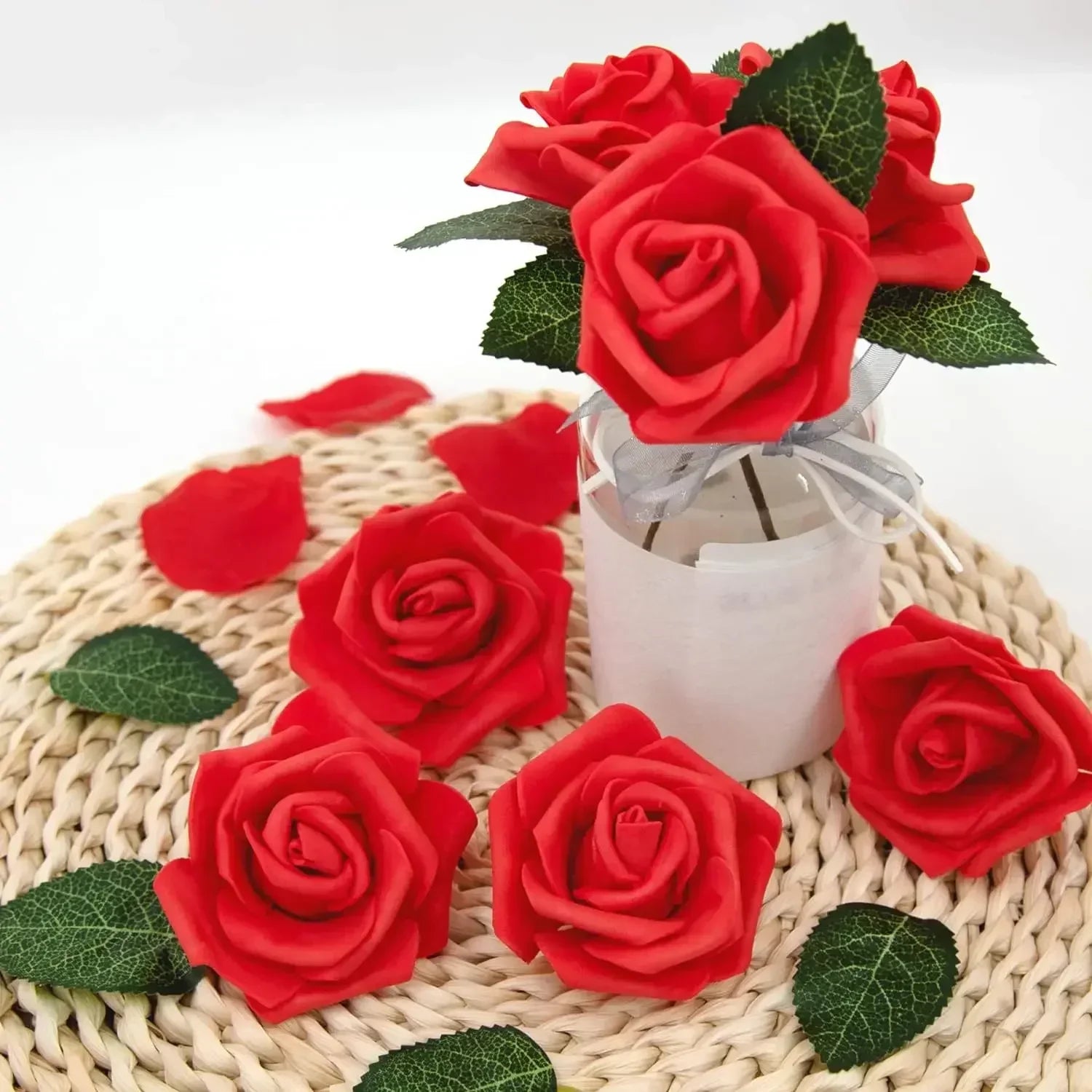 50/5Pcs Artificial Roses Flowers Foam Fake Rose Heads With Stems For DIY Wedding Bouquets Home Party Tables Decorations Supplies