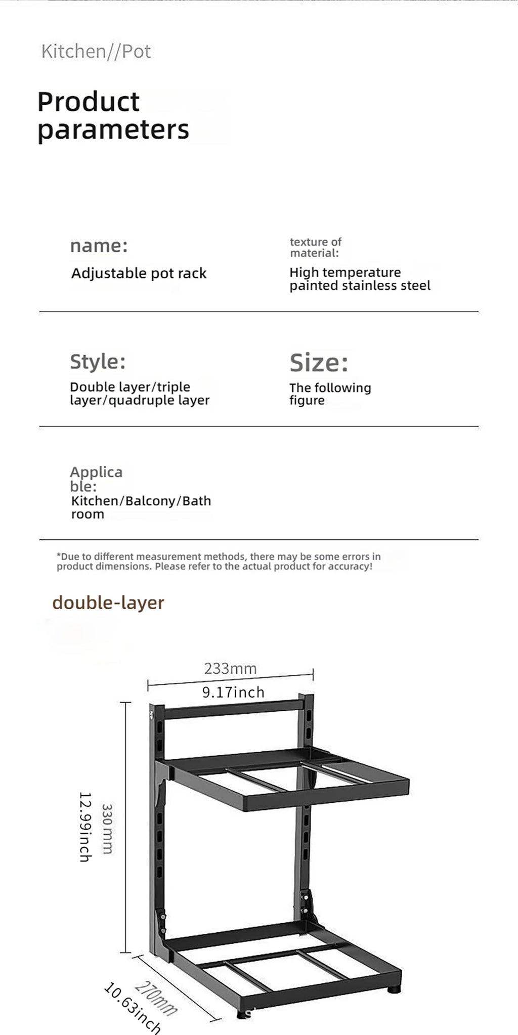 Kitchen Shelf Space-saving Kitchenware Storage Rack Adjustable Pot Rack 2-4 Tiers Under Sink/Corner Applicable