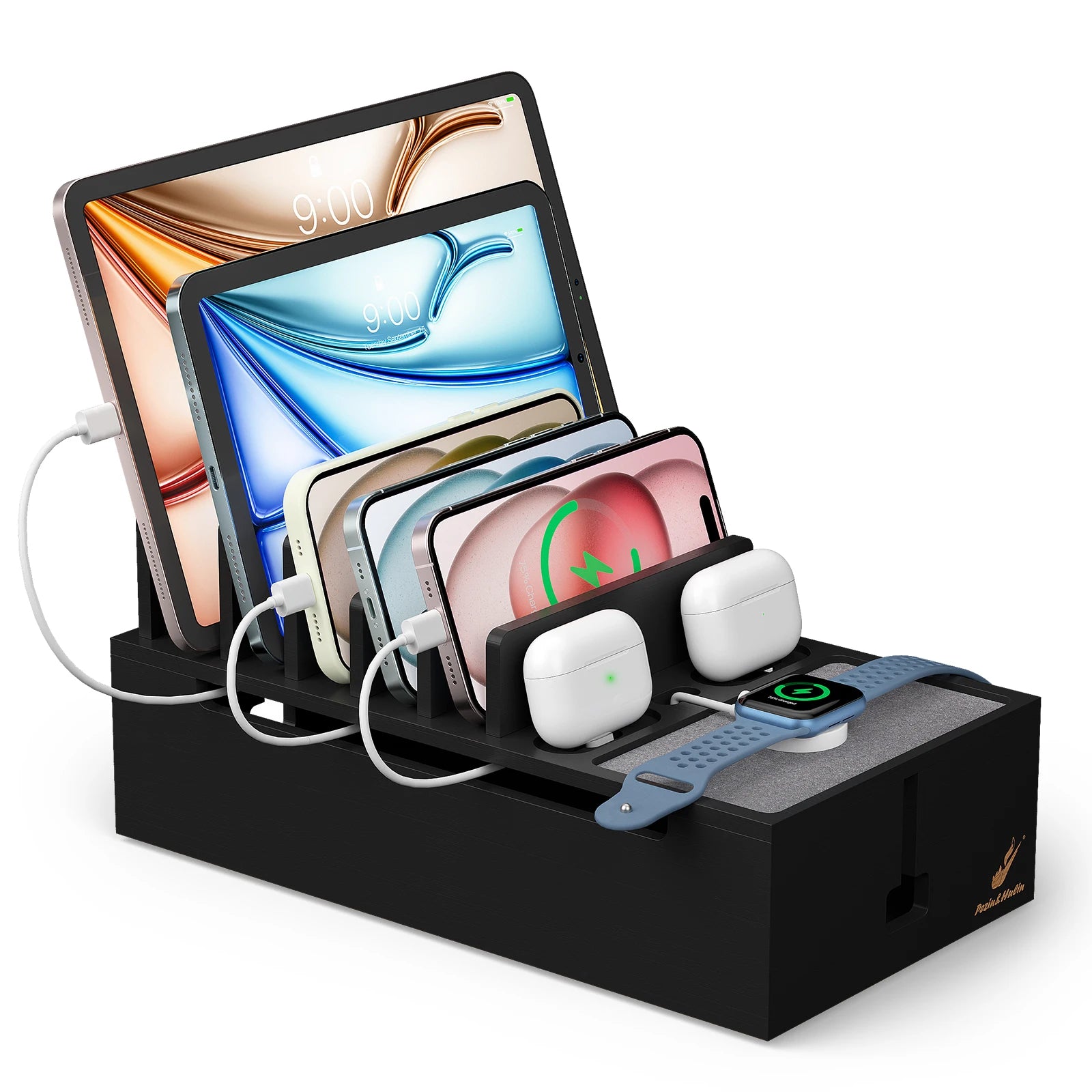 Bamboo Charging Station for Multiple Devices Charger Dock Holder Stand for Cell Phone and Tablet Electronic Devices Organizer