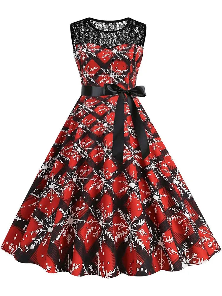 Christmas Dress Women Vintage 50s Lace Sleeveless Print Party A Line Santa Claus Sundress Runway Midi Pinup Flare Dresses
