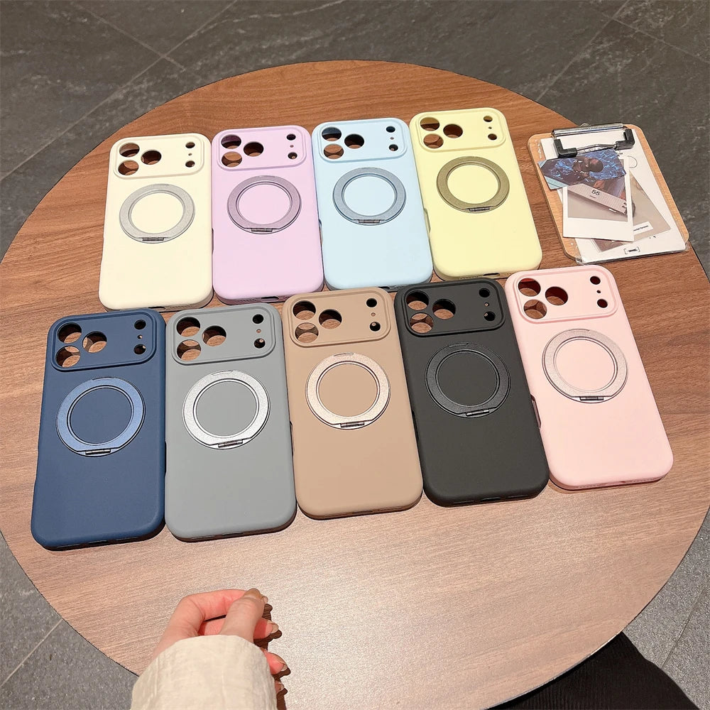 Simple INS Candy Color Liquid Silicone Case For IPhone 17Pro Max Air 16 15 14 Magnetic Rotable Bracket Lens Full-pack Back Cover