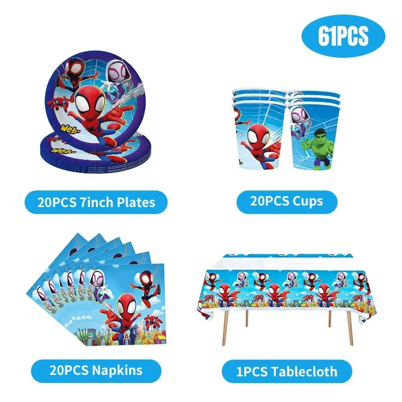 Spidey And His Amazing Friends Birthday Decoration Tableware Supplies Party Paper Cups Plates Tablecloth Banner Balloons For Kid