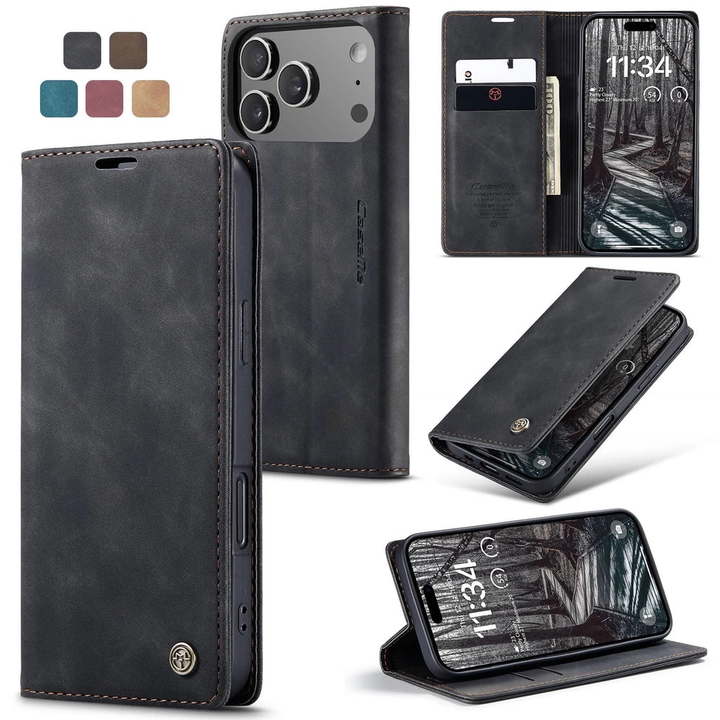 Leather Flip Wallet Case for iPhone 17/17 Pro/17 Pro Max/Air, Magnetic Folio Cover with Card Holder, Shockproof TPU Kickstand