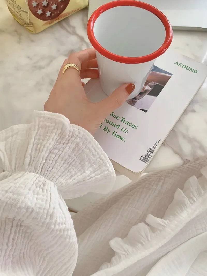 Women's Spring and Summer New Simple Long-Sleeved Robe Girls Sweet Ins Wind Ruffled Thin Section of Solid Color Pajamas Home Wea