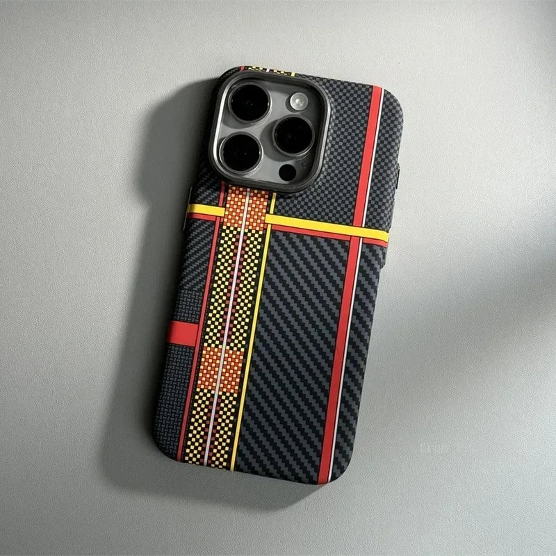 For iPhone 16 15 14 Pro Max Case Carbon Fiber Abstract Geometric MagSafe Cover Magnetic Charging Shell Camera Alloy Armor Fundas