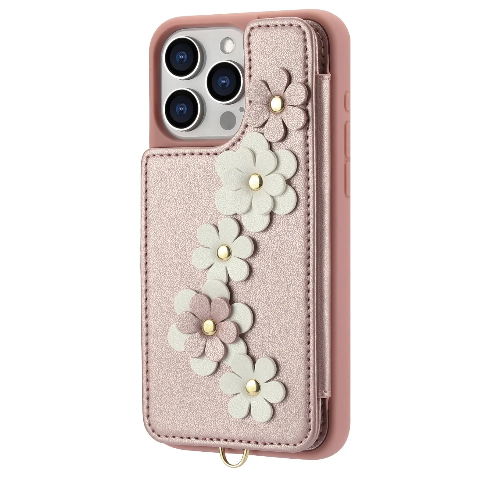 For iPhone 16 15 14 Pro Max Plus Case, Wallet with Card Holder, Cute Flower Design Crossbody Purse, Magnetic Kickstand Cover
