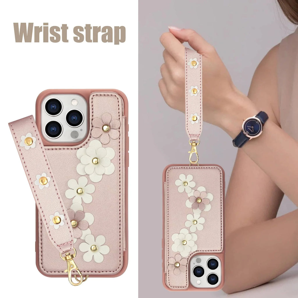 For iPhone 16 15 14 Pro Max Plus Case, Wallet with Card Holder, Cute Flower Design Crossbody Purse, Magnetic Kickstand Cover