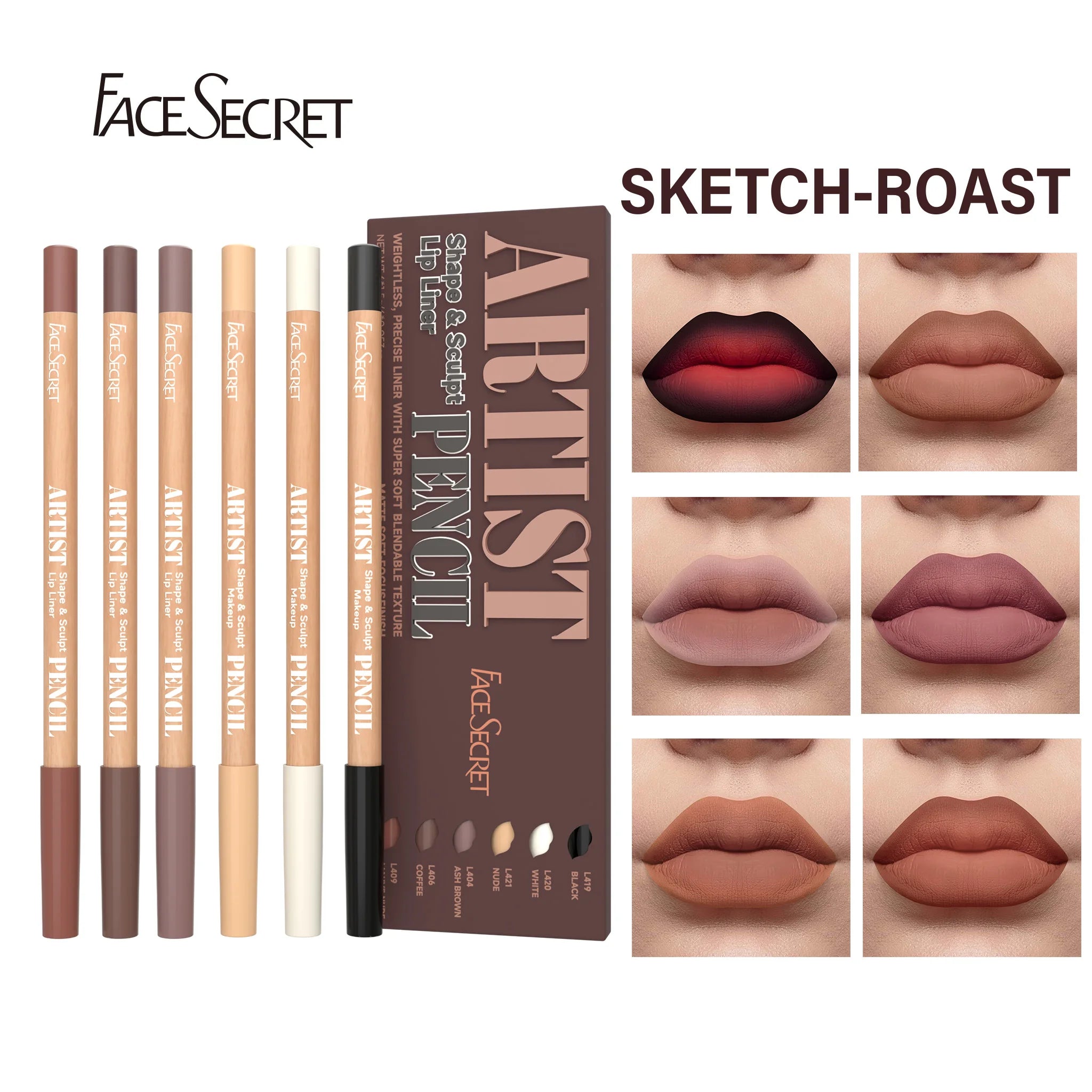 Face Secret Artist Shape Sculpt Lip Liner Pencil Set, Weightless Precise Liner with Super Soft Blendable Texture Matte Soft