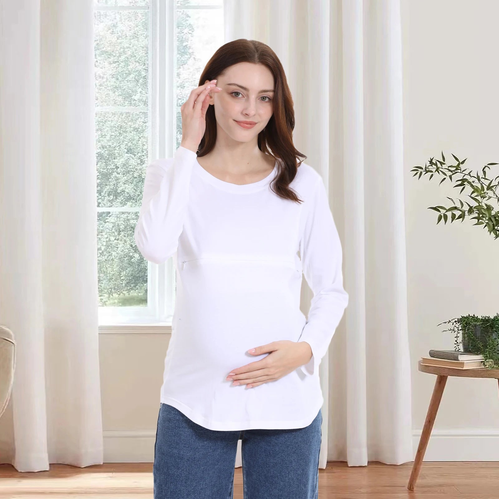 Breastfeeding T Shirt Maternity Clothes Long Sleeve Pregnancy Loose Hem Nursing Tee Spring Autumn Good Stretch Cotton