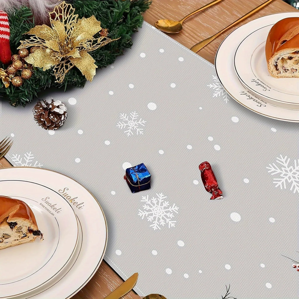1 Piece of Christmas Gnome Themed Table Runner, Light Gray Background Painted with Snowmen, Snowflakes, Birds, Gift Patterns, Suitable for Christmas Parties, Family Dinners, Holiday Markets, Themed Cafes, Kidsren's Room Decor