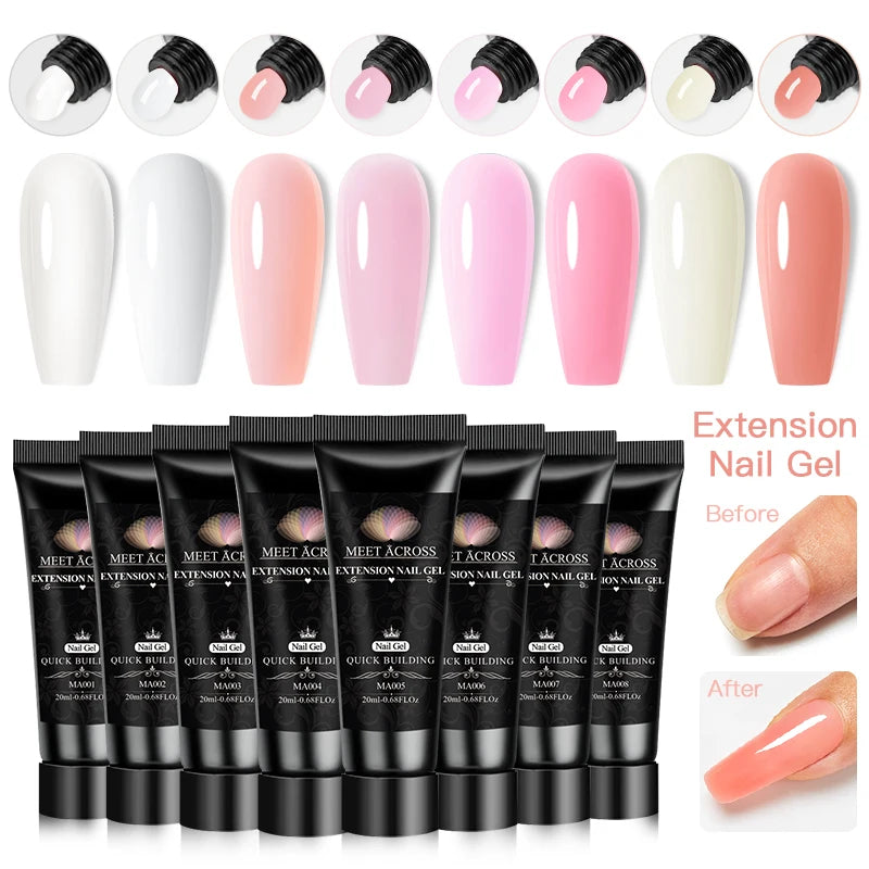 MEET ACROSS 20ML Nail Extension Gel Kit Quick Building Hard Gel Acrylic Crystal White Nude  Construction UV Gel Nail Polish Set