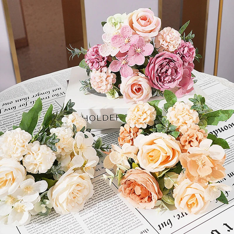 7 Heads Artificial Flowers Silk Peony Rose Hydrangea Bouquet Home Decorations Party Wedding Bride Fake Plants