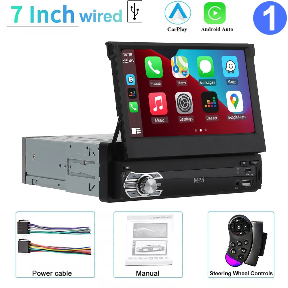 Universal 1 Din MP5 Player 7 Inch Carplay Android Auto Manual Automatic Retractable Touch Screen Car Player FM Radio Mirror Link
