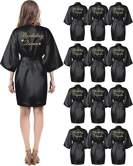 12 Pcs Women's Birthday Party Robes Gold Glitter Queen Squad Kimono Silky Nightgown Satin Bathrobes Dressing Gown
