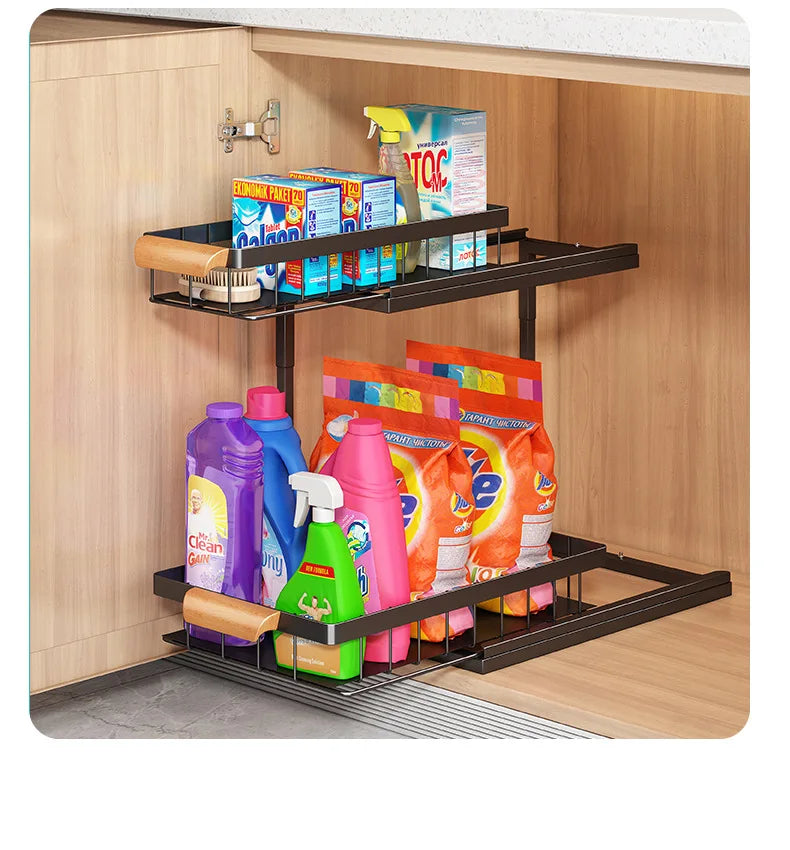 2 Tier Under Sink Organizer Sliding Cabinet Basket Organizer Storage Rack with Hooks Hanging Cup Bathroom Kitchen Organizer