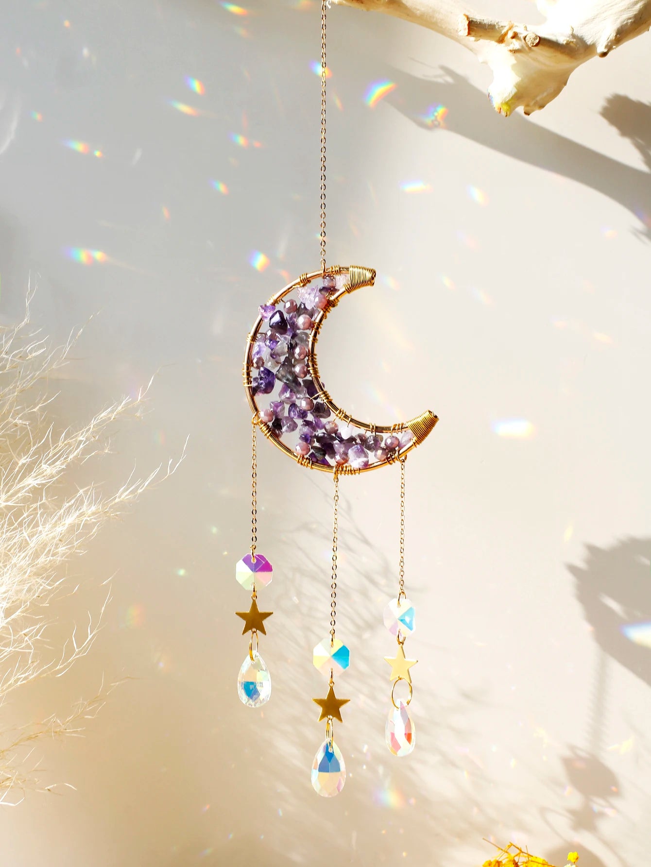 Natural Moon Crystal Suncatcher Ornament With Colorful Prism Pendant For Garden Patio Porch Balcony Window Home Decoration Gift