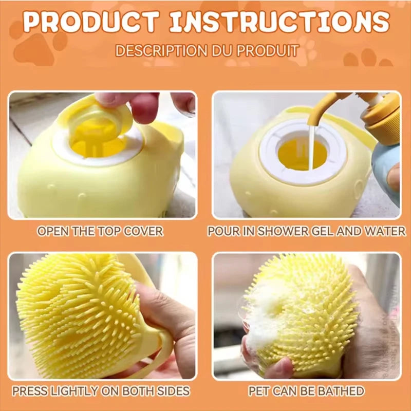 Silicone Soft Rubber Pet Massage Shower Brush with Builtin Shampoo Storage Self Cleaning Detangling for Dogs Cats Grooming Brush