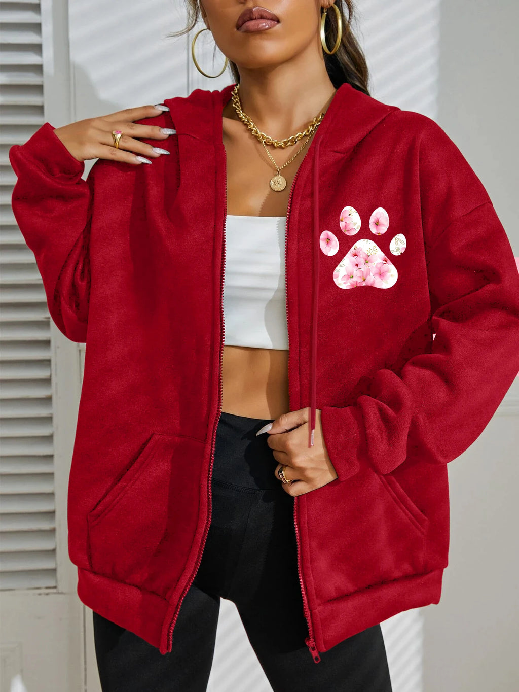 Flower Cat Feet My Shadow Has Four Legs And A Tail Print Zipper Hoody Woman Y2K Autumn Hoodies Loose Fleece Casual Sportswears