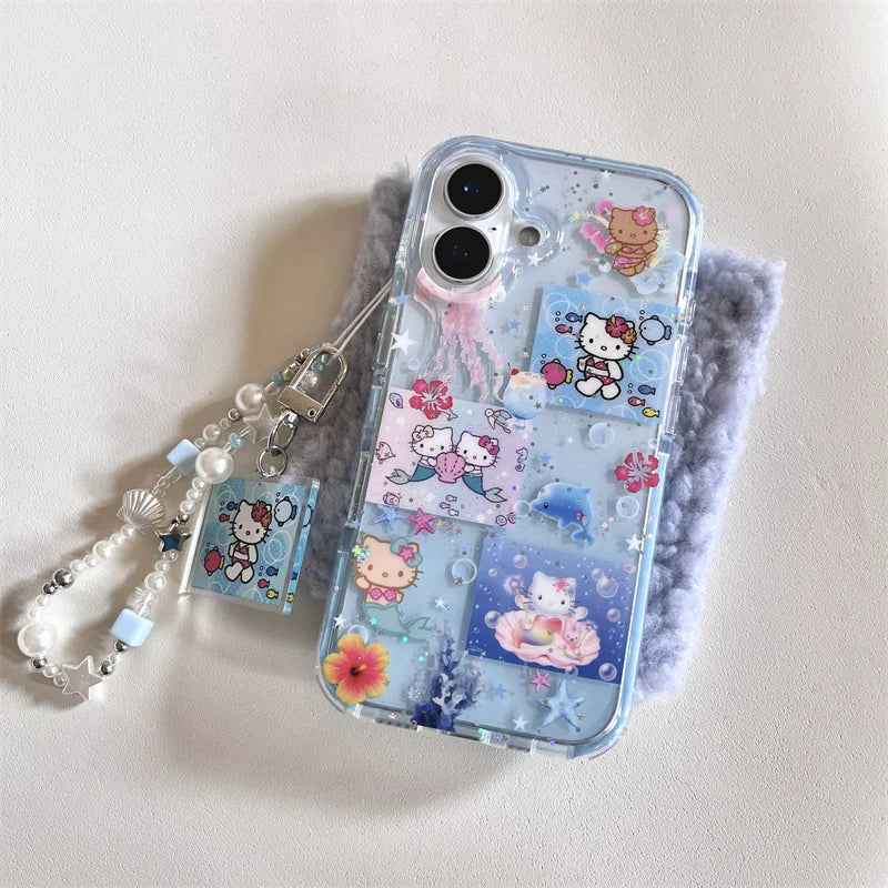 Korean Blue Ocean Hello Kitty Pattern Beach Phone Case For iPhone 11 12 13 14 15 16 Pro Max XS XR X 7 8 Plus Silicone Soft Cover