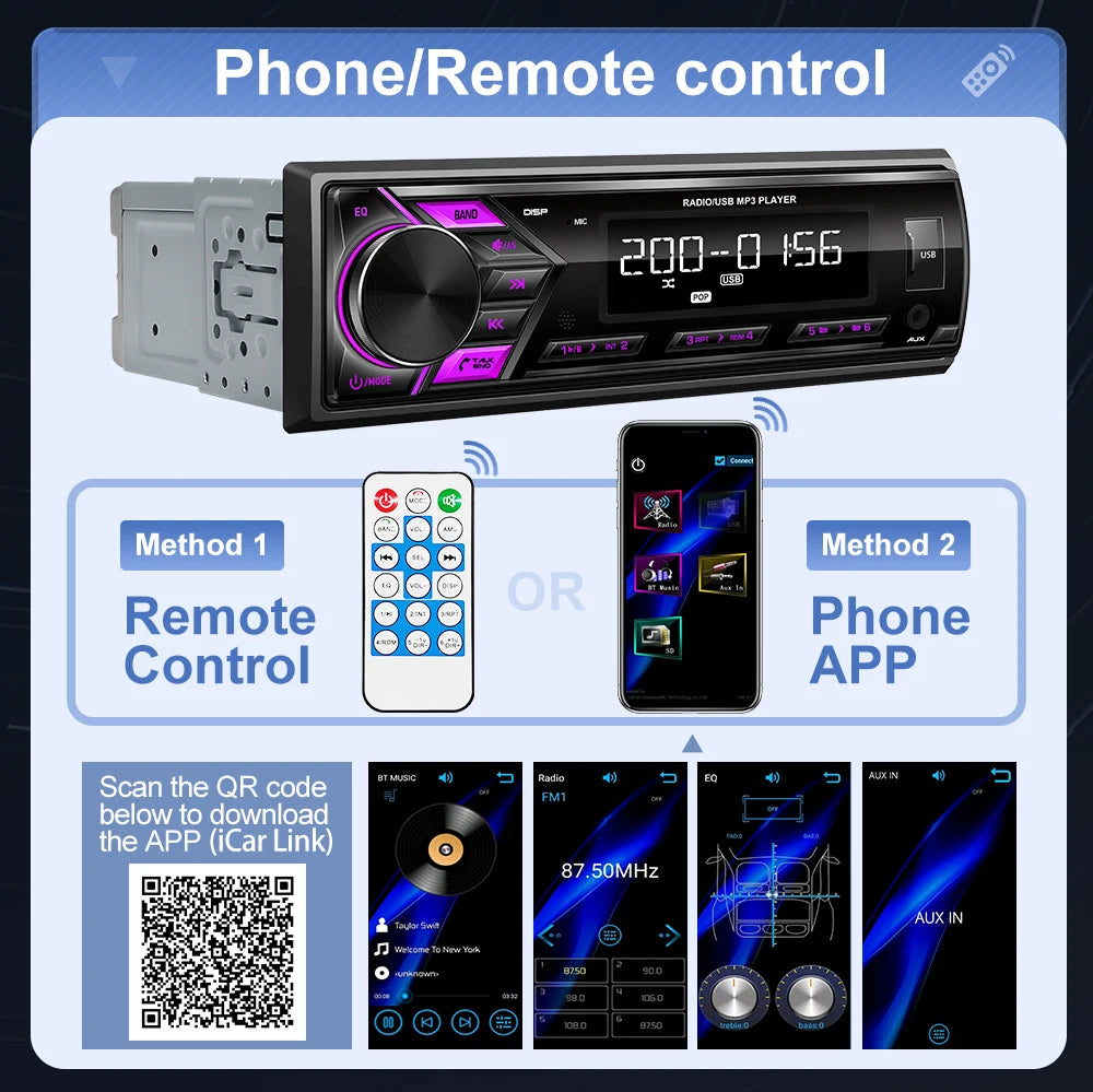 AKAMATE Car Radio MP3 Multimedia Player Audio FM Radio Support Phone Charging Bluetooth EQ AUX USB Detachable Panel 1Din Radio