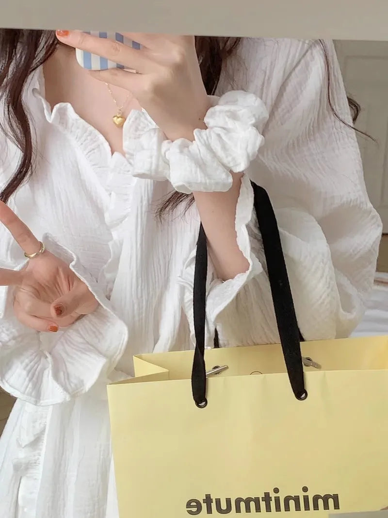 Women's Spring and Summer New Simple Long-Sleeved Robe Girls Sweet Ins Wind Ruffled Thin Section of Solid Color Pajamas Home Wea