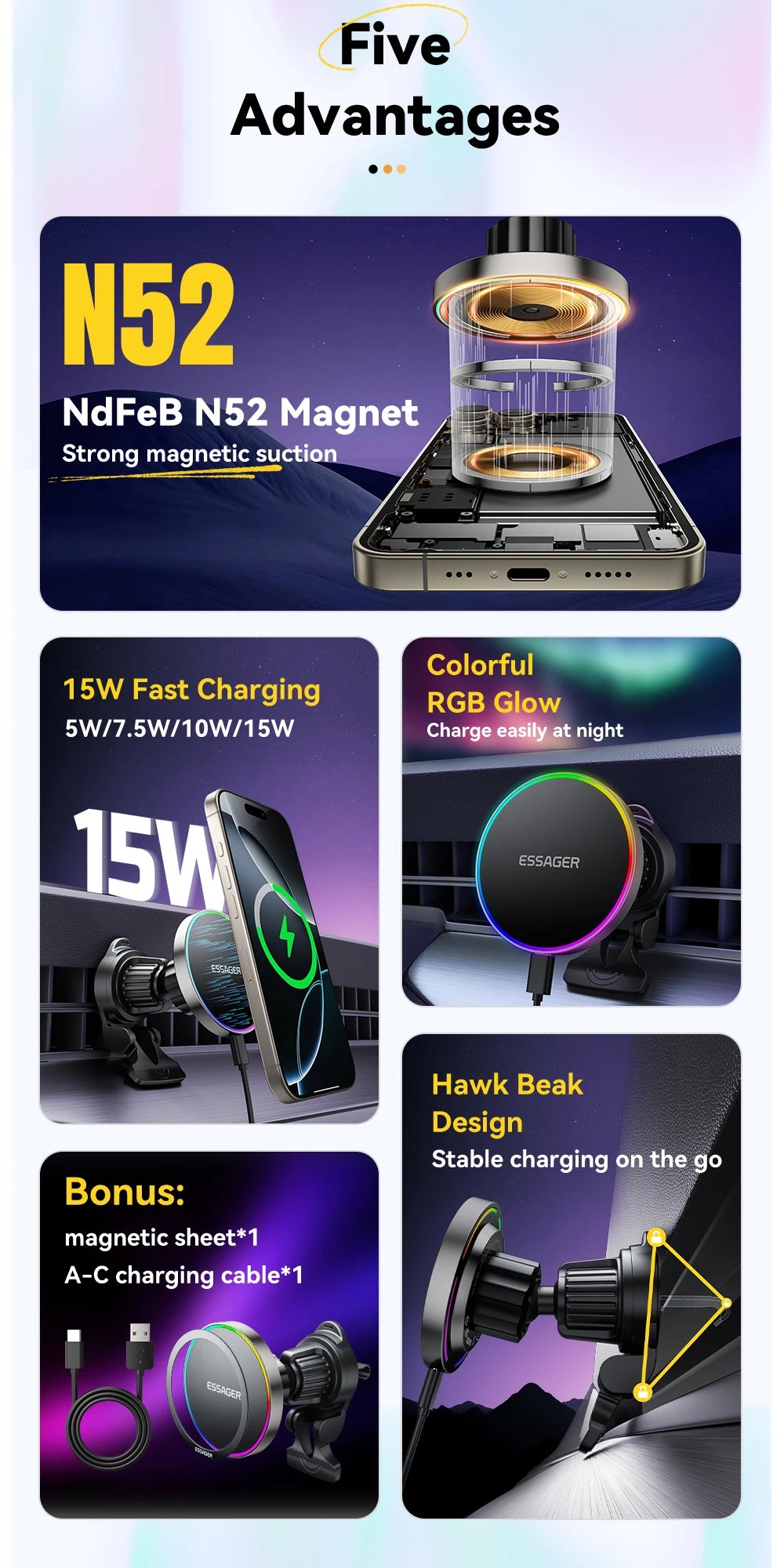 Essager RGB Magnetic Car Phone Holder Qi 15W Wireless Charger For iPhone16 15 14 13 Pro for Magsafe Universal Phone Holder Stand