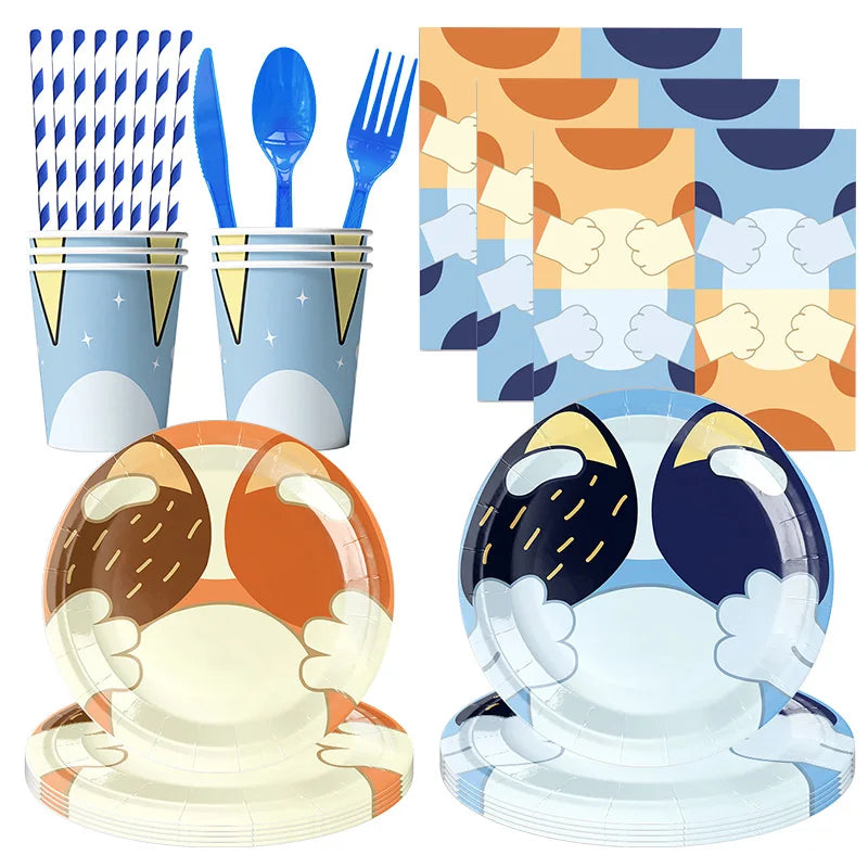 New Cartoon Dogs Birthday Party Decoration Full Set Kit Blue Dog Happy Birthday Plates Napkins Cups Tableware Supplies Kid Favor