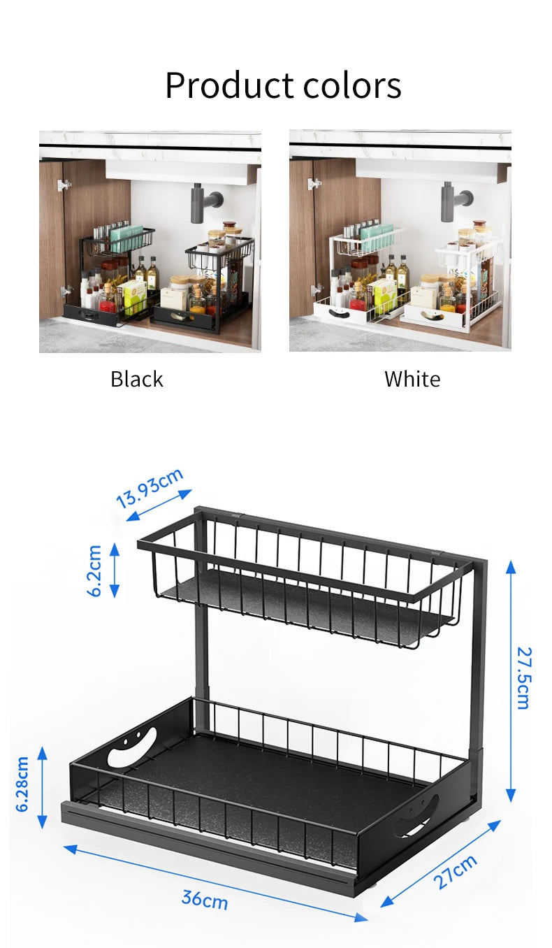 Under Sink 2 Tier Sliding Cabinet Basket Organizer Drawer Pull-Out Cabinet Organizer For Bathroom and Kitchen
