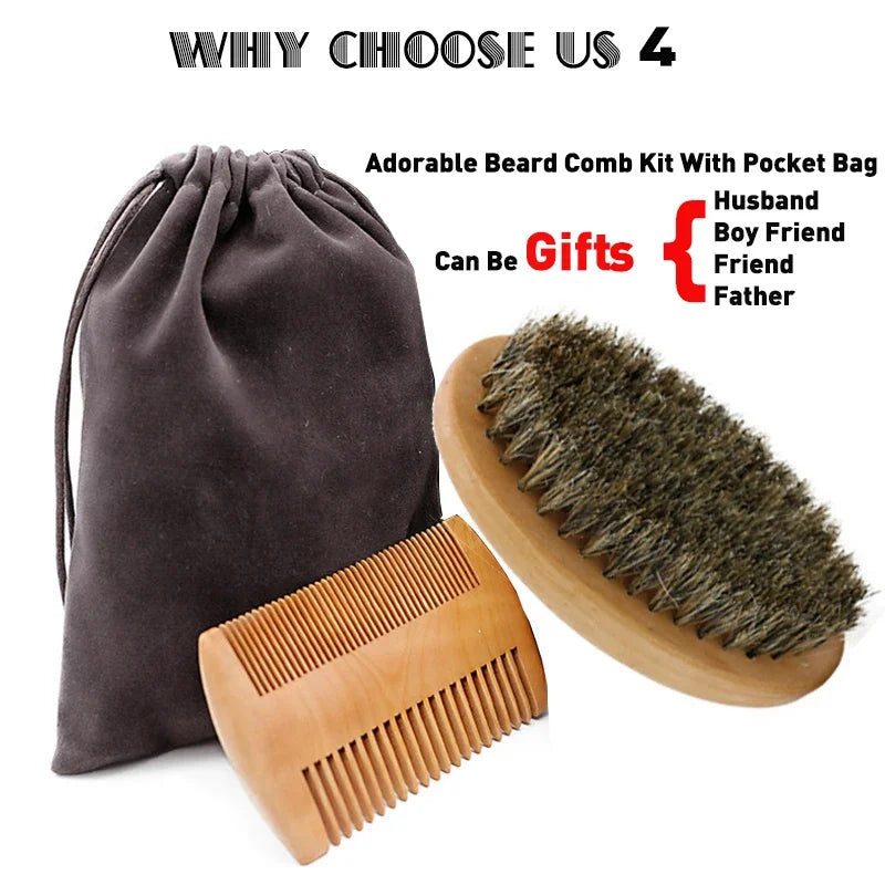 Soft Boar Bristle Wood Beard Brush Hairdresser Shaving Tool Men's Mustache Comb Kit With Bag Beard Hair Comb Set