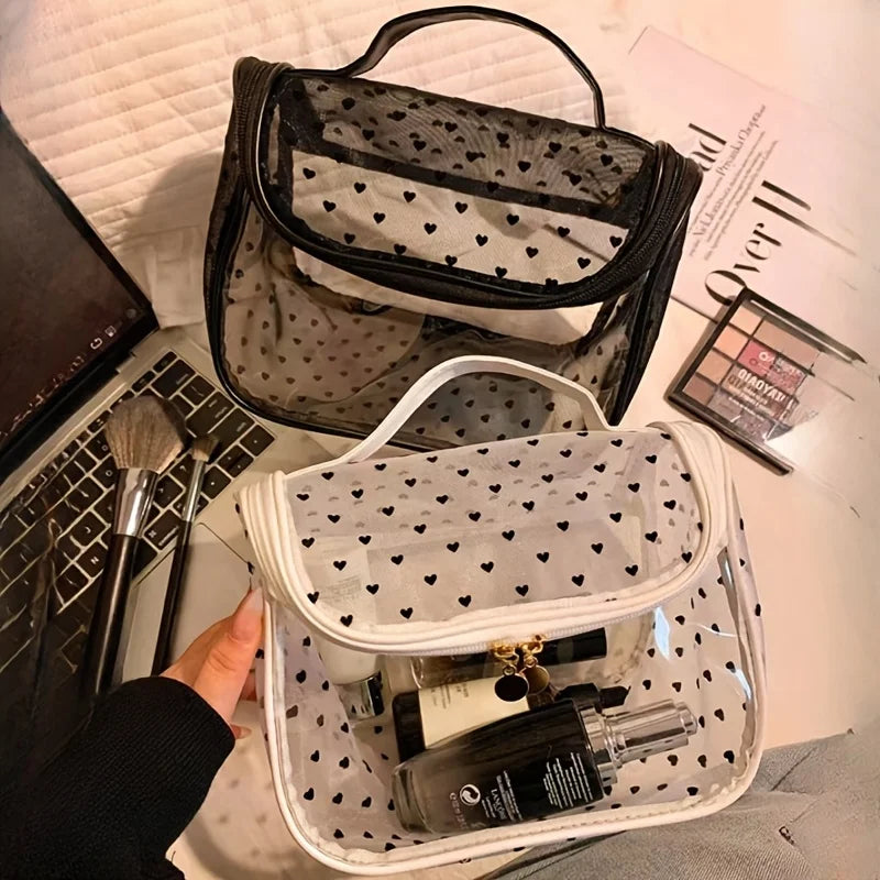 1pc Large Capacity Heart Mesh Makeup Bag Frosted Transparent Cosmetic Toiletry Organizer Travel Pouch for Office Home or Daily