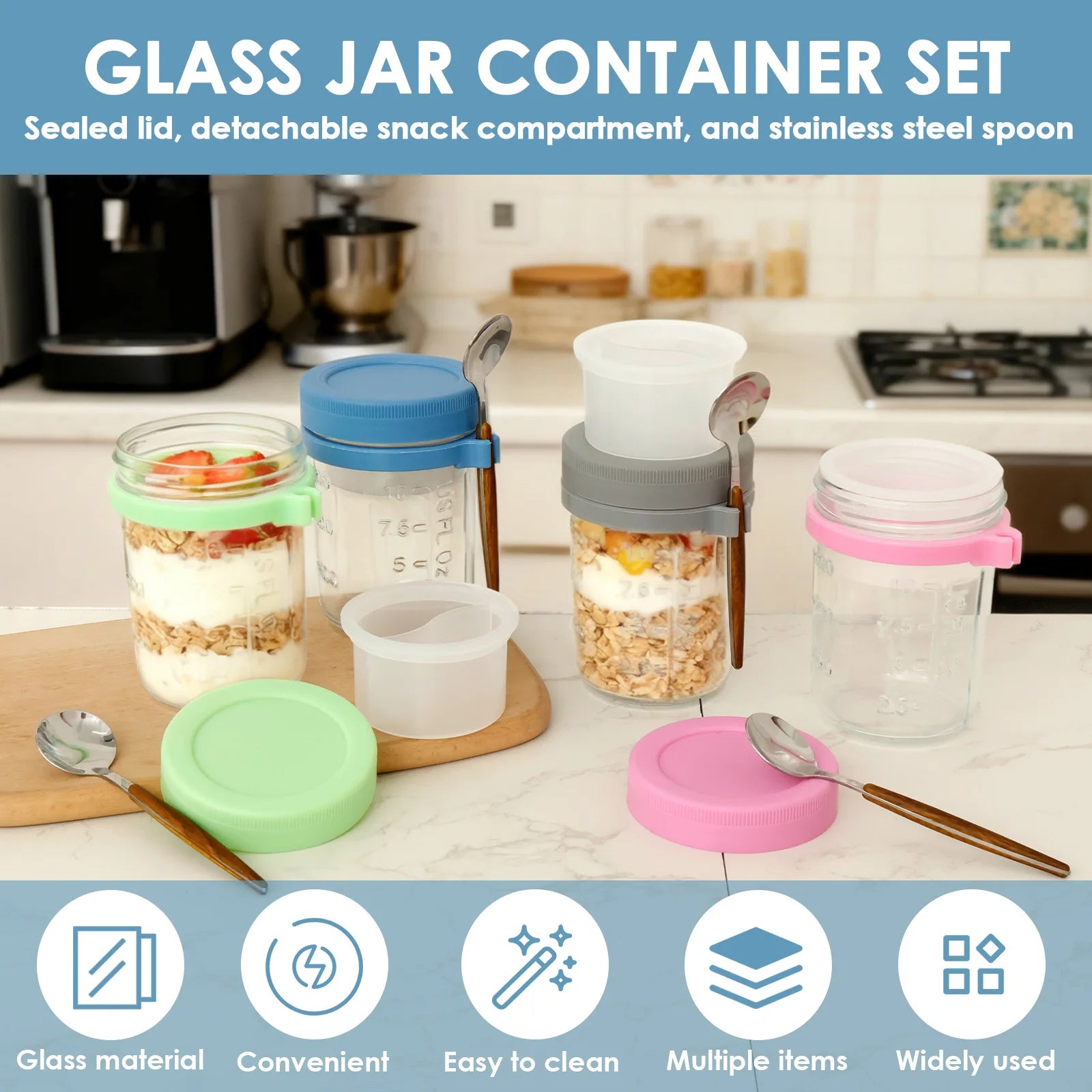 4Pcs Overnight Oats Container Clear Airtight Glass Jar with Lid and Spoon Portable Cereal Breakfast Cups Food Storage Box
