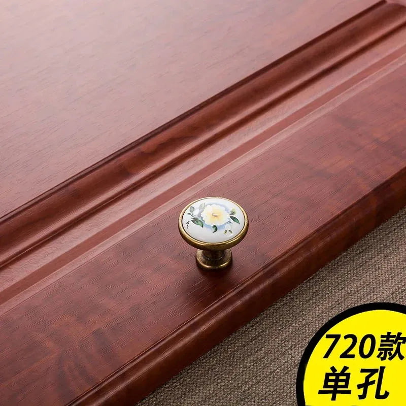 European Green Flower Ceramic Handles Kitchen Cabinet Storage Dressers Classic Wardrobe Cabinet Single Hole Closet Door Pulls