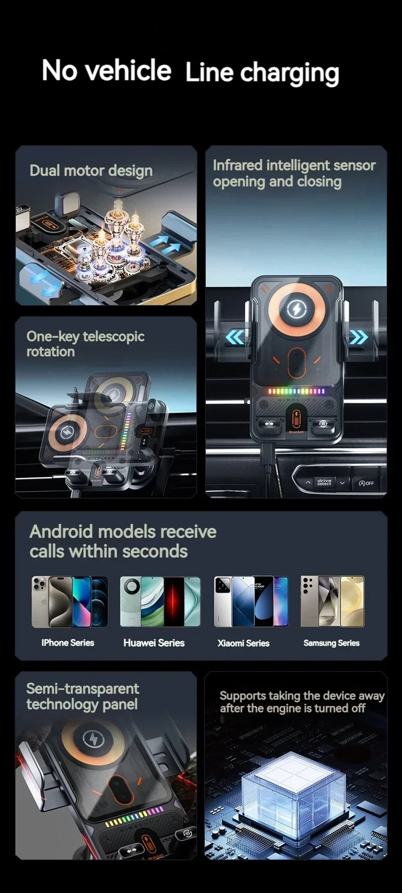 Auto-Clamping RGB Light Car Wireless Charger Phone Holder Stand Touching 360 Rotation Fast Charging Bracket For iPhone Samsung