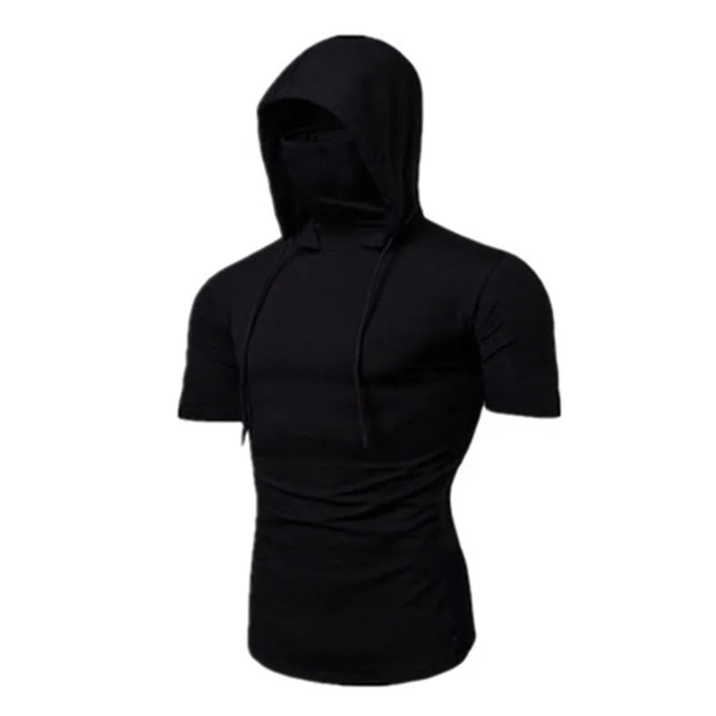 Mens Gym Thin Hoodie Short Sleeve Hoodies With Mask Sweatshirt Casual Splice Large Mask Hoodie Sweatshirt Hooded Tops Cycling