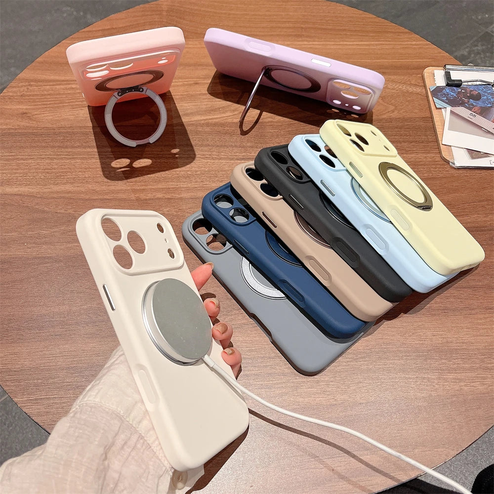 Simple INS Candy Color Liquid Silicone Case For IPhone 17Pro Max Air 16 15 14 Magnetic Rotable Bracket Lens Full-pack Back Cover
