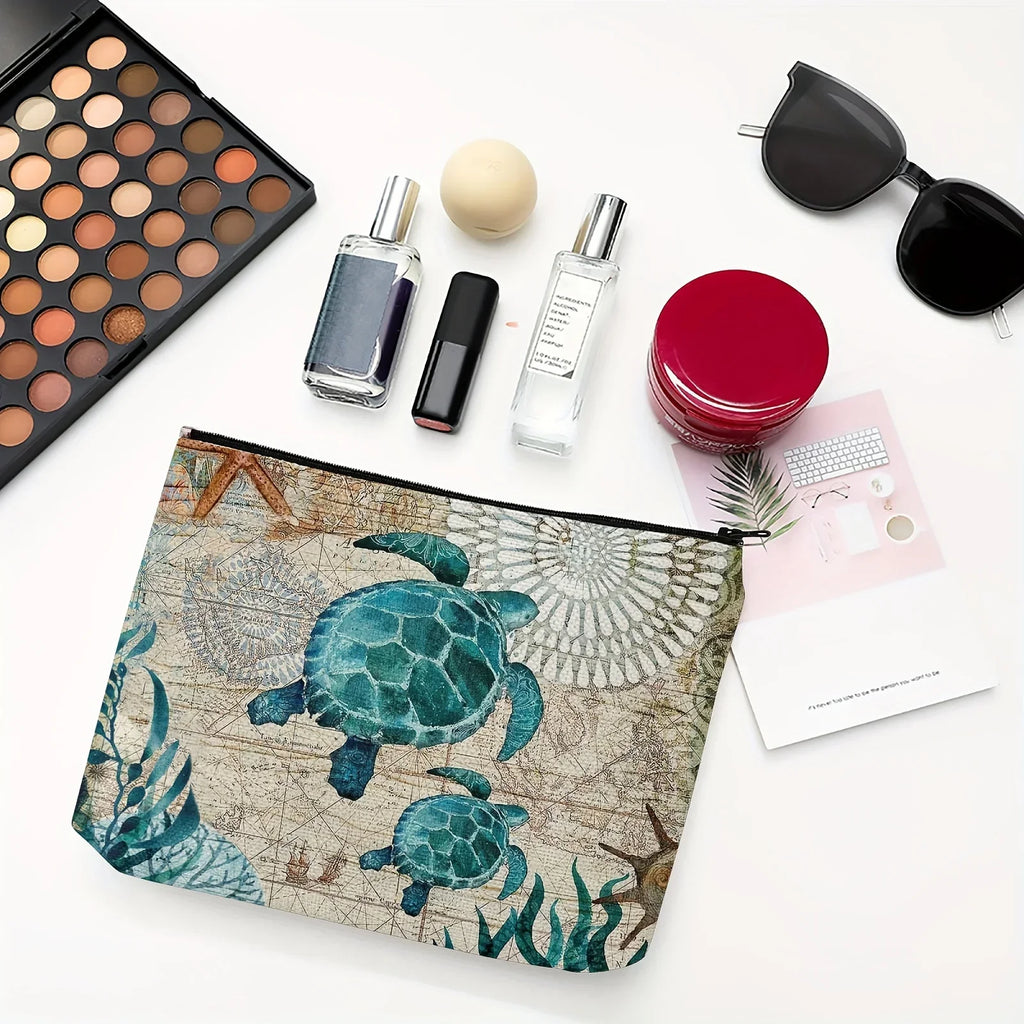 Makeup Bag Personalised Adorable Sea Turtle Travel Linen Clutch Bags Women's Beach Sunglasses Sunscreen Storage Pouches Gifts