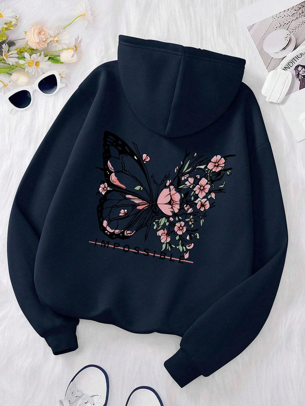 Rose Butterfly Impossible Letter Graphic Print Women Sweatshirt Fashion Warm Hooded Loose Casual Hoodies Fleece Soft Clothing