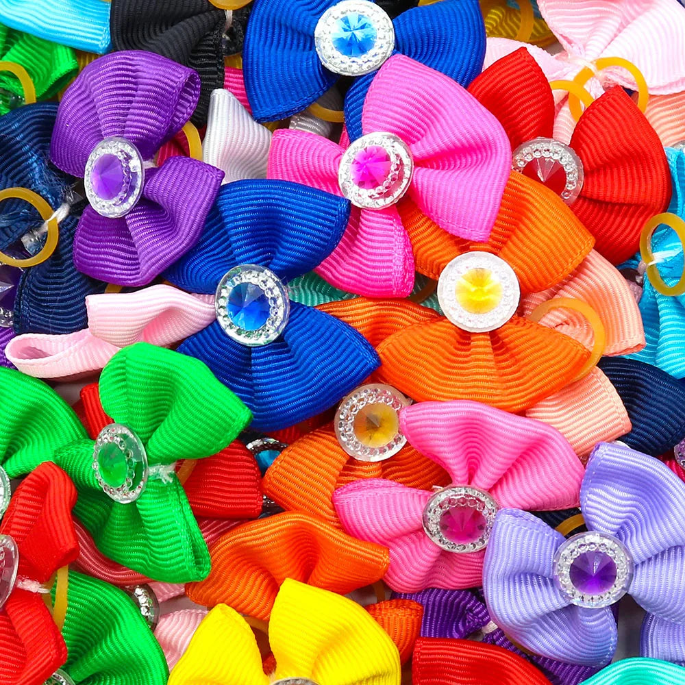 20pcs Dog Hair Bows Dog Bows with Diamond Colorful Grooming Rubber Band for Small Dog Pet Girls Grooming Hair Accessories