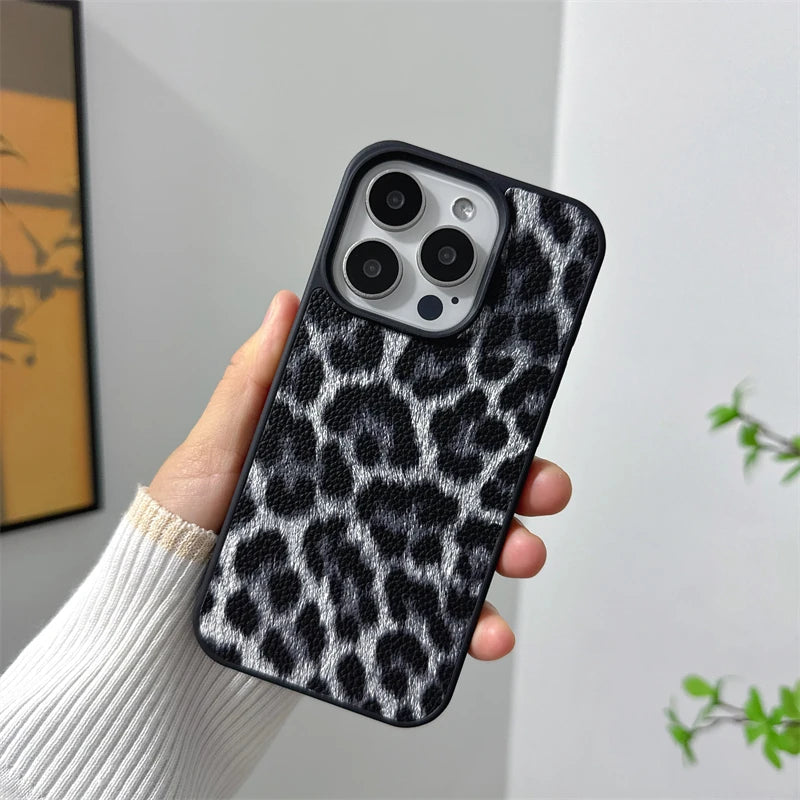 Luxury leopard print pattern PU leather Case for iPhone 16 15 14 Phone Cover 15 14 13 12 11 Pro MAX Hard Shockproof Back Funda