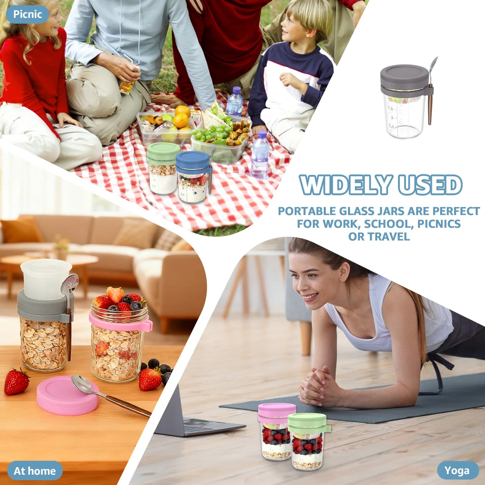 4Pcs Overnight Oats Container Clear Airtight Glass Jar with Lid and Spoon Portable Cereal Breakfast Cups Food Storage Box