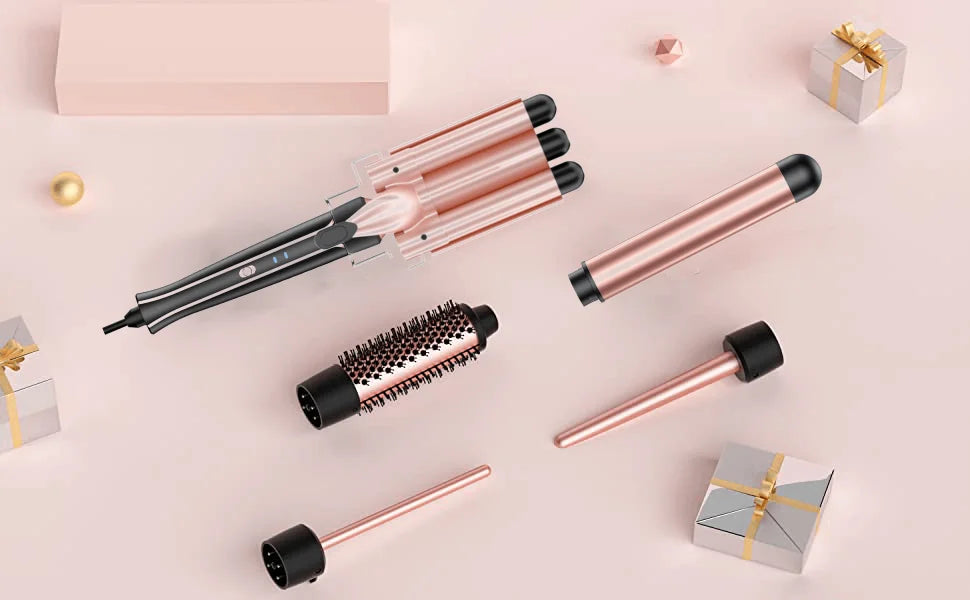 5 in 1 Hair Curlers Set with Curling Brush, 0.35”-1.25” Hair Curler Wand for Hairstyle and Heat Resistant Gloves and Hair Clip