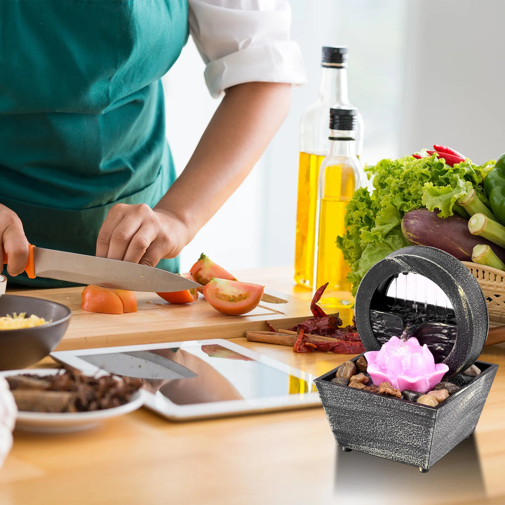 Tabletop Fountain with Light Battery/USB Operated Mini Desktop Waterfall Decoration Creative Flowing Water Fountain Ornaments