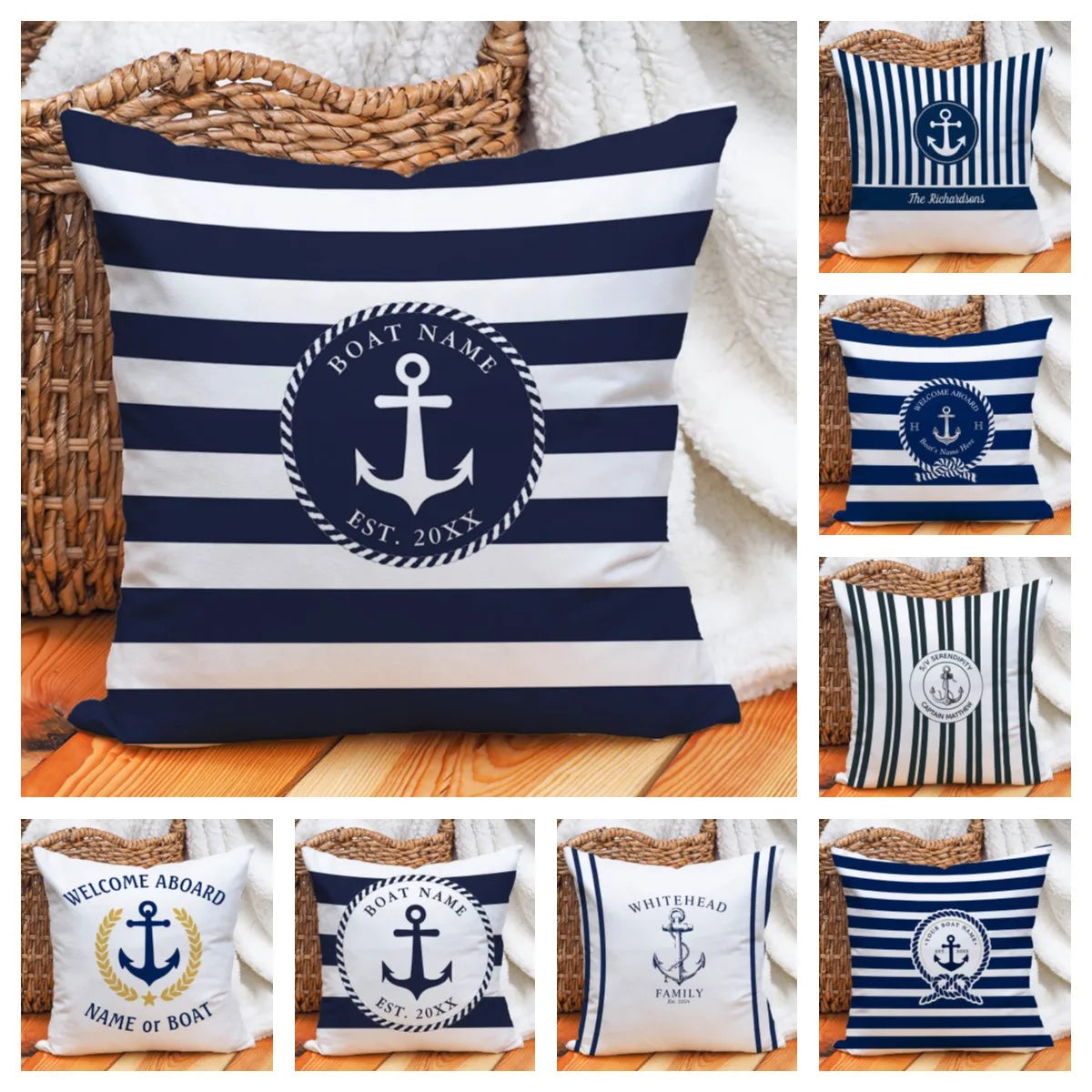 Custom Nautical Anchor Pillow Covers Personalized Boat Name Decorative Throw Pillowcases for Home Sofa Yacht Beach House Decor
