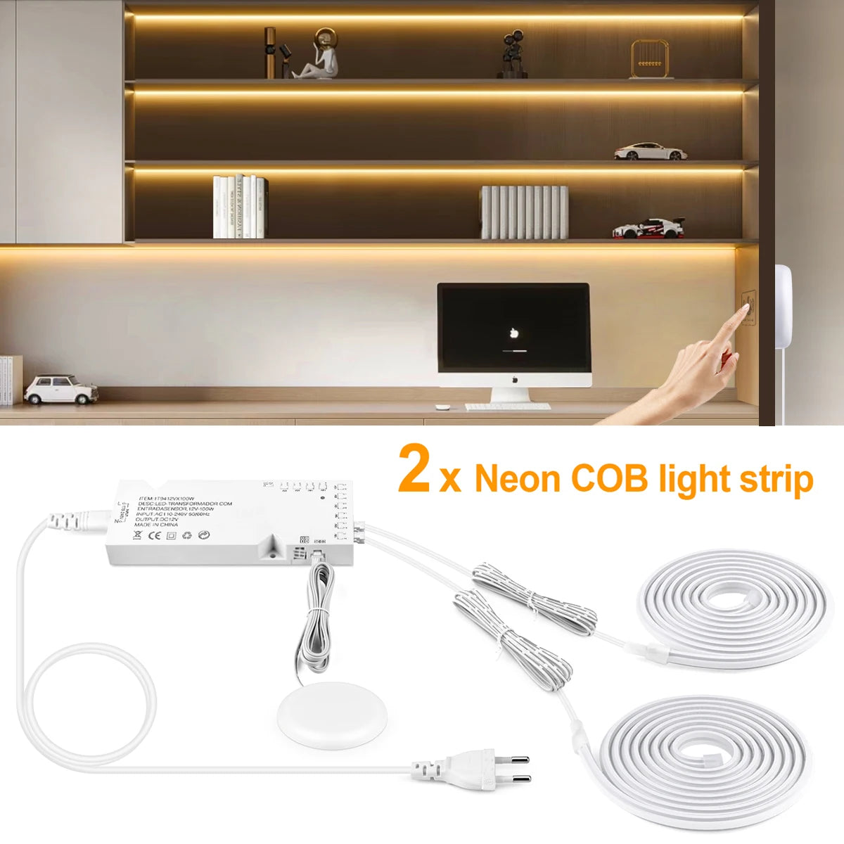 COB Neon Strip Under Cabinet Led Lights Penetrable Wood Dimmable Touch Sensor Wall Lamp,Kitchen Storage Cabinet Lighting Decor