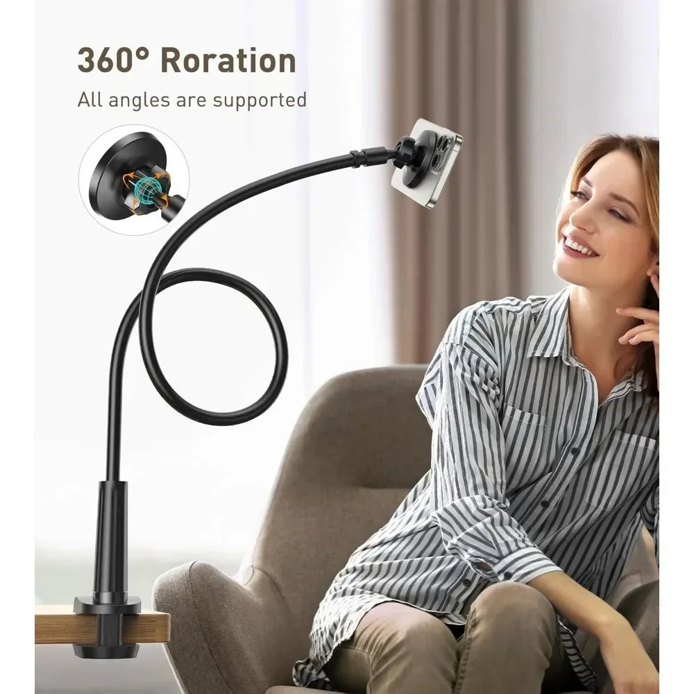 Magnetic Mobile Phone Stand Gooseneck Office Home 360° Rotation Bed Table Foldable Holder with Metal Rings for iPhone 16 15 14