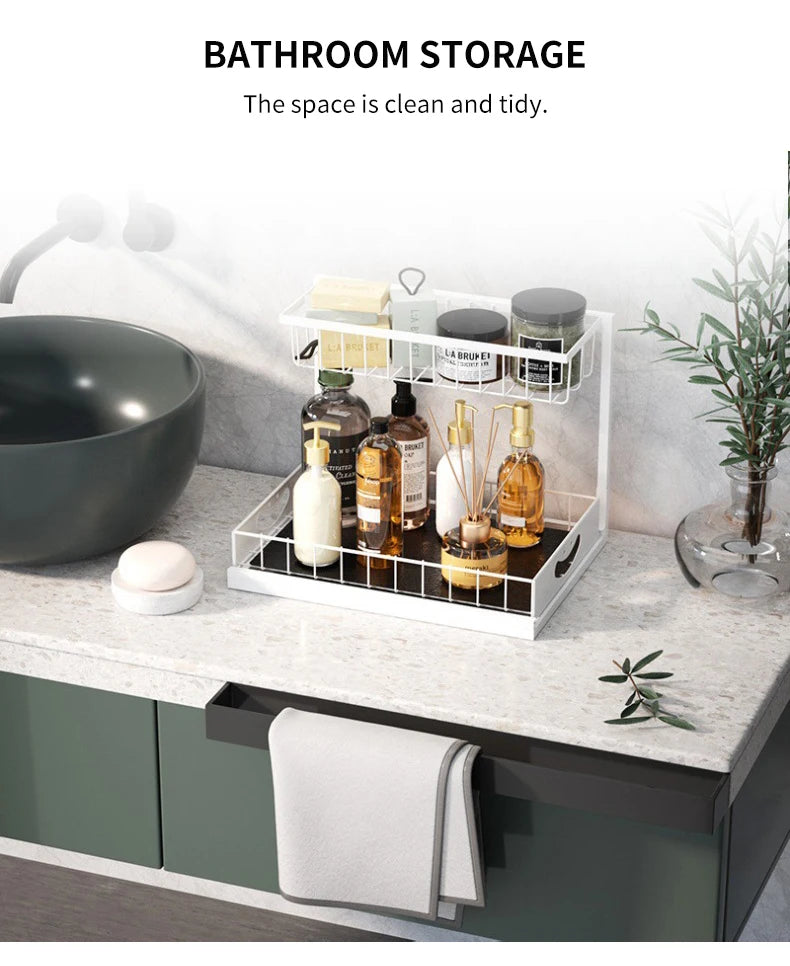 Under Sink 2 Tier Sliding Cabinet Basket Organizer Drawer Pull-Out Cabinet Organizer For Bathroom and Kitchen