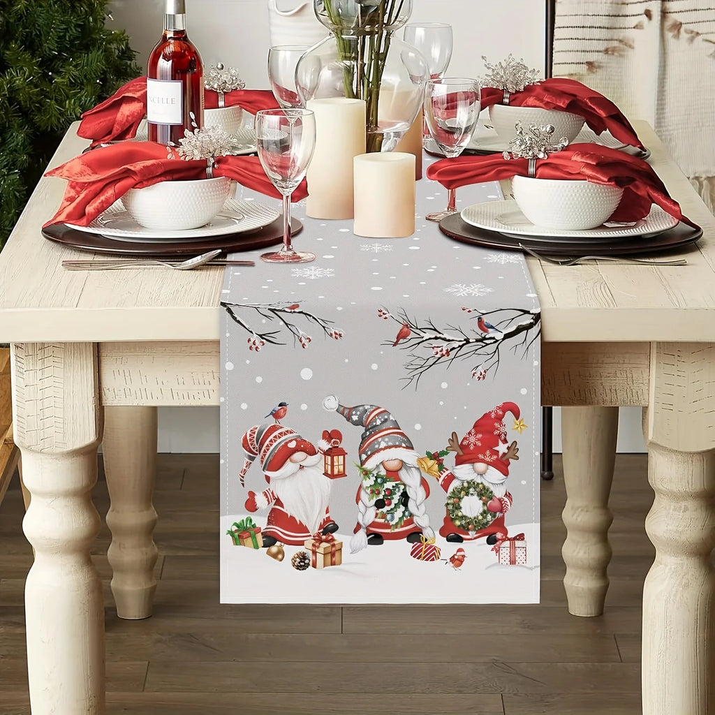 1 Piece of Christmas Gnome Themed Table Runner, Light Gray Background Painted with Snowmen, Snowflakes, Birds, Gift Patterns, Suitable for Christmas Parties, Family Dinners, Holiday Markets, Themed Cafes, Kidsren's Room Decor