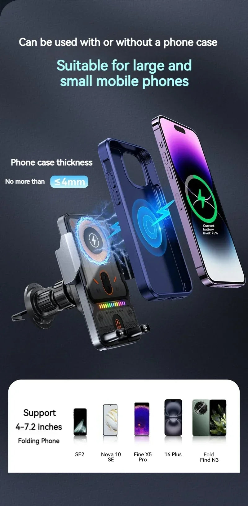 Auto-Clamping RGB Light Car Wireless Charger Phone Holder Stand Touching 360 Rotation Fast Charging Bracket For iPhone Samsung