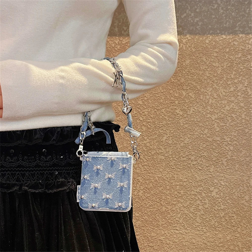 Fashion Denim embroidered bow phone case for Samsung Z Flip 7 Case Galaxy Z Flip 5 6 flip 6 cover hand strap cute Fundas Cases