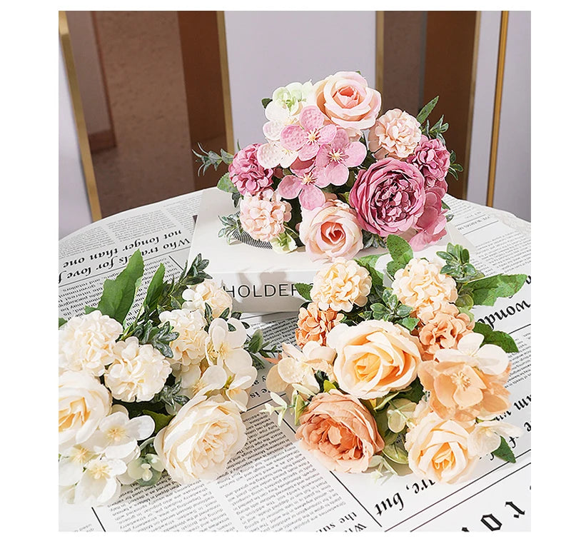 7 Heads Artificial Flowers Silk Peony Rose Hydrangea Bouquet Home Decorations Party Wedding Bride Fake Plants
